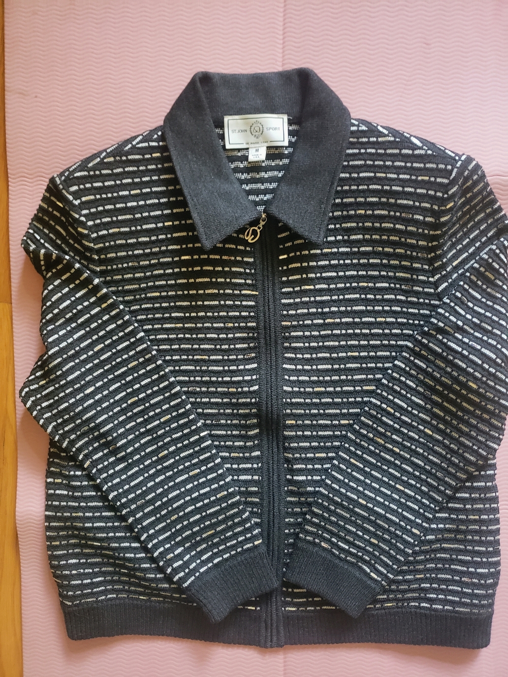 St. John Sport Black Metallic Knit Cardigan & Matching Tank Top Shell Set Medium